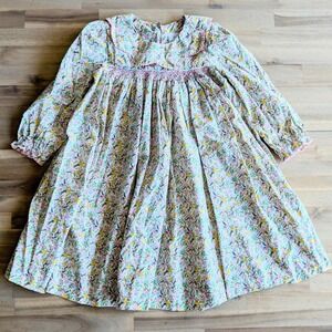 Stitchy Fish Kids Floral Smocked Dress Pink Peter Pan Collar Cotton Size 5